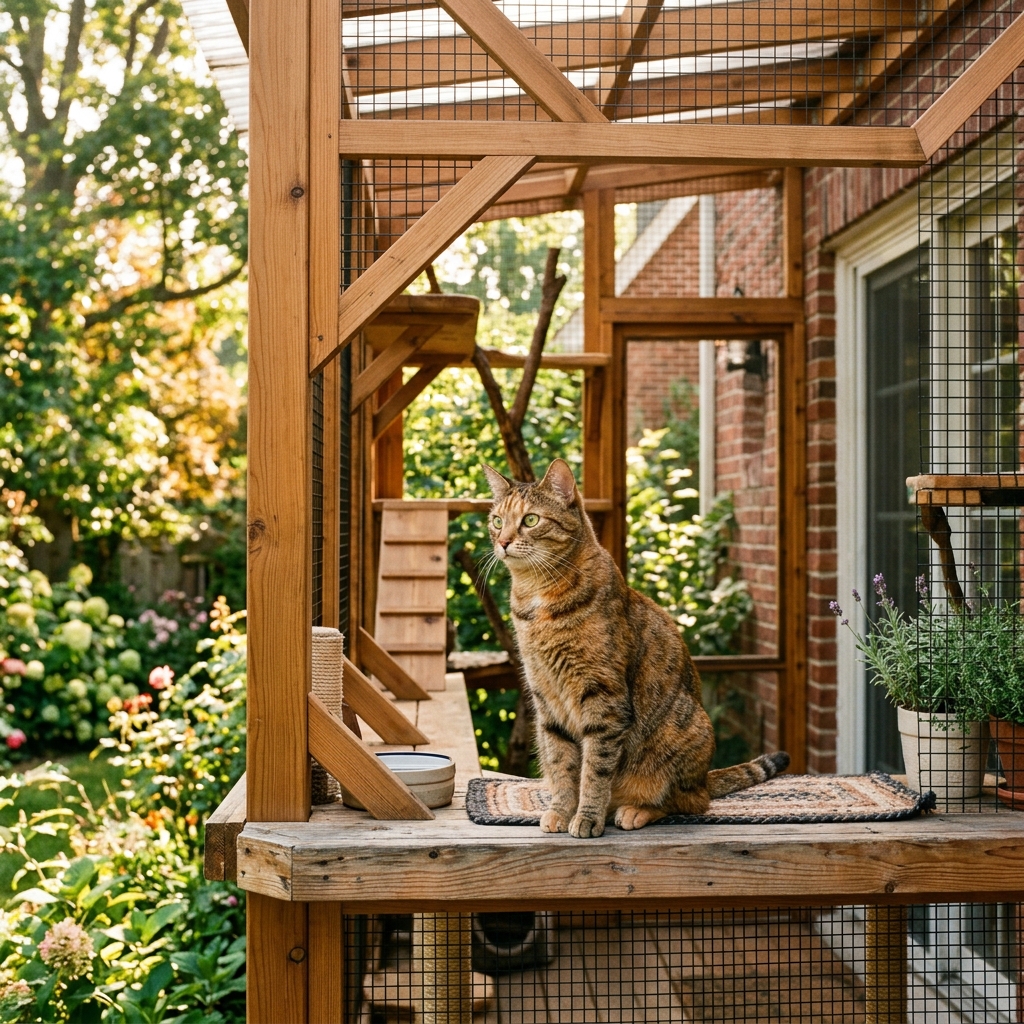 Gato seguro en su catio de madera