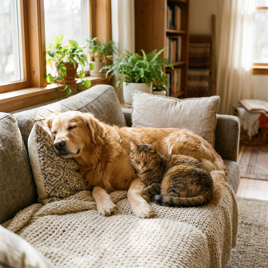 Perro y gato descansando en el sillón
